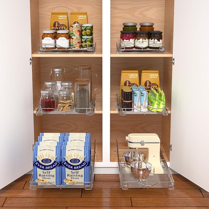 DINDON Pull Out Cabinet Organizer, (11" W x 21" D) Heavy-Duty Metal Sliding Drawer Shelf, Bathroom Under Sink Kitchen Cabinets Organizer and Storage Slide Out Shelves, Chrome, 1 Tier, 2 Pack - Image 4