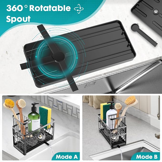 Sinnsally Kitchen Sponge Holder,Sink Caddy Organizer with High Brush Holder,Stainless Steel Sink Box Dish Scrubber Holder,Soap Tray for Kitchen Counter Accessories & Storage Rack(2 Tier - Black) - Image 2