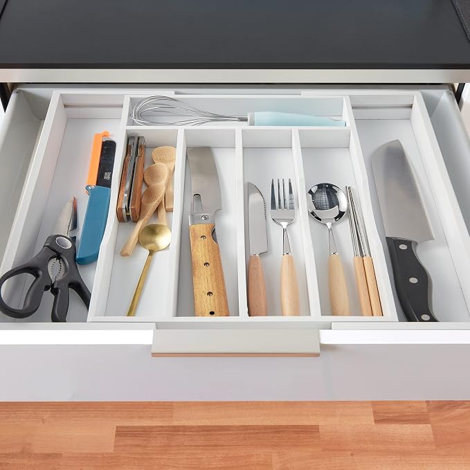 2-Piece Expandable Bamboo Kitchen Drawer Organizer for Cutlery and Utensils, Adjustable Bamboo Wood Cutlery Tray in Drawer for Flatware and Silverware in Kitchen, (White) - Image 5