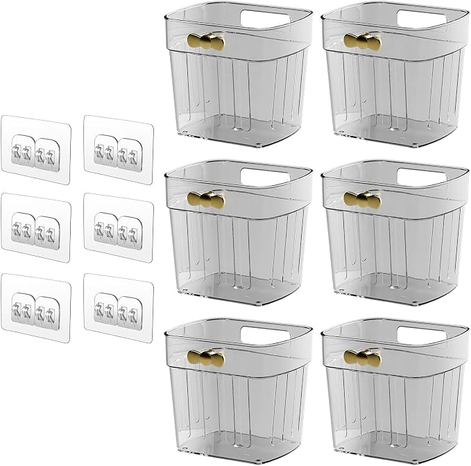 6 Pack Adhesive Cabinet Door Organizer, Compact Kitchen Under Sink Caddy, Clear Pantry Storage Basket, Under Cabinet Organizer Seasoning Spice Rack, Plastic Bathroom Wall Mounted Bins by Veefos