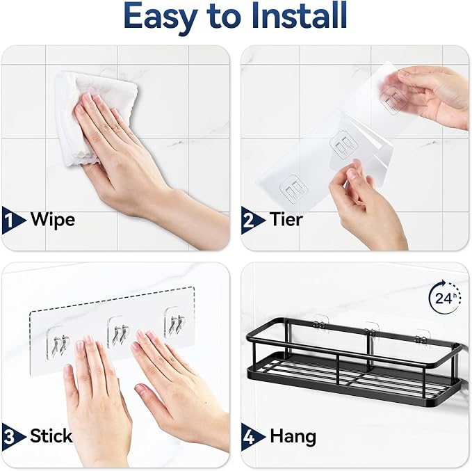 Shower Caddy Adhesive, Rustproof Shower Organizer, Large Capacity Shower Shelves for Inside Shower, No Drilling Bathroom Organizers and Storage for Home Decor （2 Pack Black） - Image 8