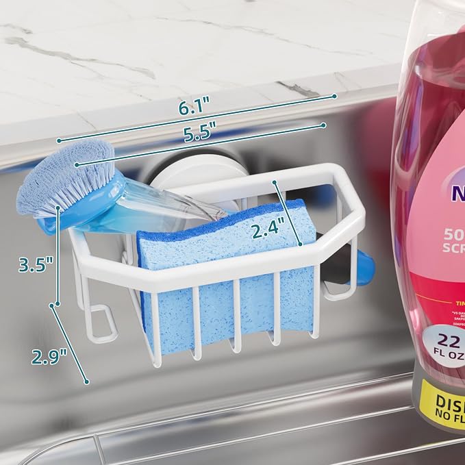 TAILI Sink Caddy with Strong Suction Cup, Sponge Holder for Sink-White | for Kitchen Sink Organizer, Removable Sponge Caddy Inside Sink, Rustproof Aluminum Holder for Sponges, Brushes, Scrubber - Image 3