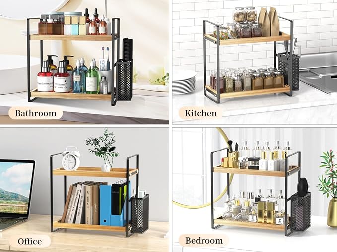 2-Tier Wood Bathroom Counter Organizer with Basket,Waterproof Vanity Perfume Skincare Storage for Bathroom, Kitchen, Dresser - Image 6