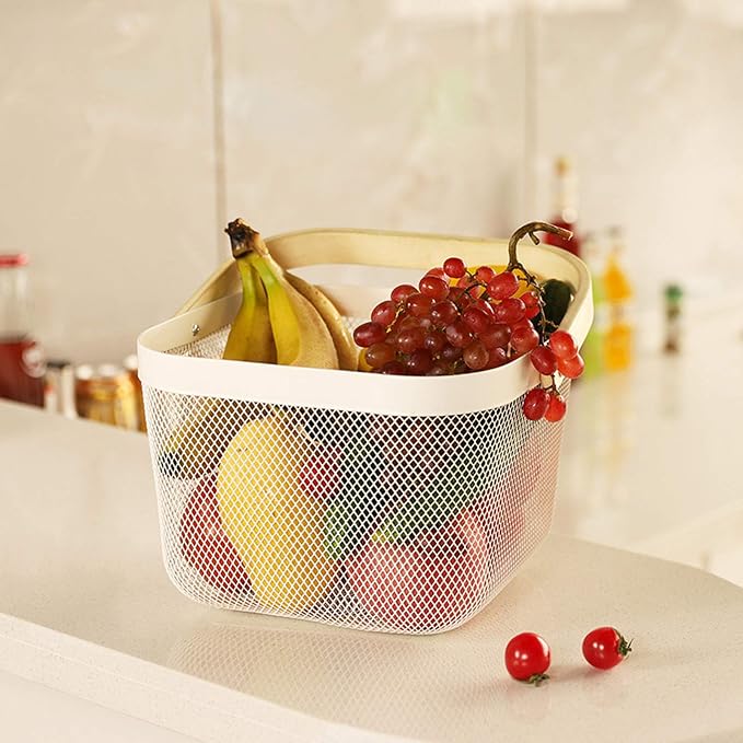 AJIODA Metal Mesh Steel Basket, Storage Organizer Basket Multi-functional Hanging Kitchen Baskets Fruit Basket Bin with Bamboo Handle for Kitchen Bathroom Picnic Shopping Decor Cabinet Home, White - Image 2
