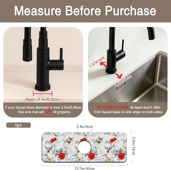 Faucet Mat for Kitchen Sink Poppy Flowers Watercolor Sink Splash Guard Behind Faucet Soft Diatom Mud Material Non-slip Easy to Clean for Bathroom & Kitchen 15"X5.5" - Image 2