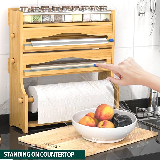 Foil Plastic Wrap Organizer Dispenser - Wall Mounted Bamboo Kitchen Paper Towel Holder with Spice Shelf,4 in 1 12" Roll Dispenser with Cutter - Image 3