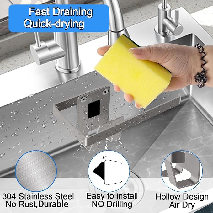 GAViA Sink Caddy, Stainless Steel Removable Sponge Holder for Kitchen Sink | 2-in-1 Sponge holder,Dish Cloth Hanger,Rustproof,In-Sink,Wall Hanging,Adhesive,Self Drain Sink Organizer Rack,Silver - Image 2