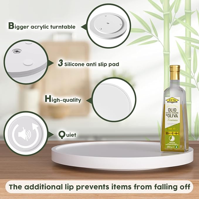 White Lazy Susan for Table, 12 Inch Non-Skid Bamboo Turntable Organizer | Salt Pepper Spices and Olive Oil Next to Stove, Wooden Lazy Susan Organizer for Kitchen Countertop Organizer - Image 6