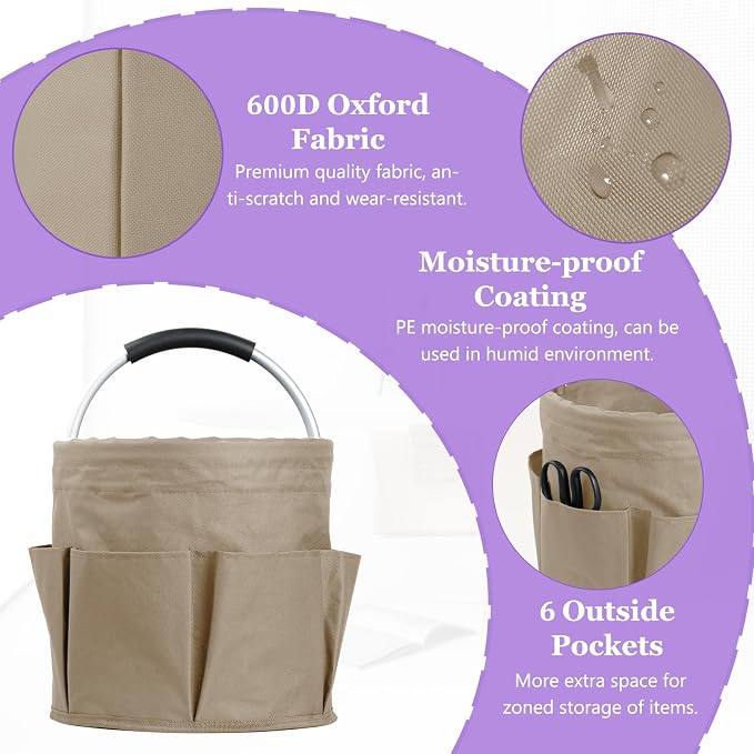 17L Cleaning Supply Caddy with Soft Handle, Portable Shower Caddy in 600D Oxford Fabric, Garden Tool Organizer Bag, Multifunctional Storage Basket for Bathroom, Garden, Khaki - Image 5