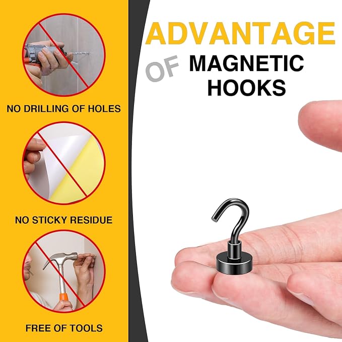 DIYMAG Magnetic Hooks, 30lbs 60pcs Cruise Cabin Essentials Heavy Duty Black | Strong Neodymium Rare Earth Magnets, for Kitchen, Classroom, Beach, Cruise Cabins, Refrigerator, Hanging Key Clothes Wall Hat - Image 4