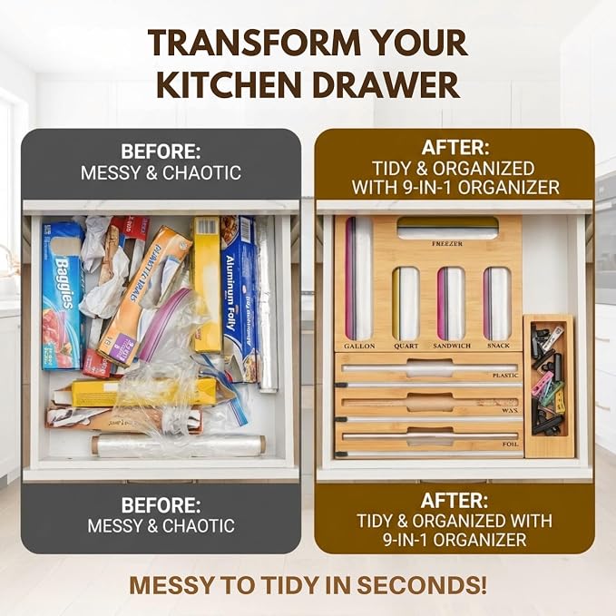9 in 1 Bamboo Kitchen Drawer Organizer for Storage Bags, Foil & Plastic Wrap Holder with Built-In Cutter, Fits Gallon, Quart, Sandwich, and Snack - Image 3