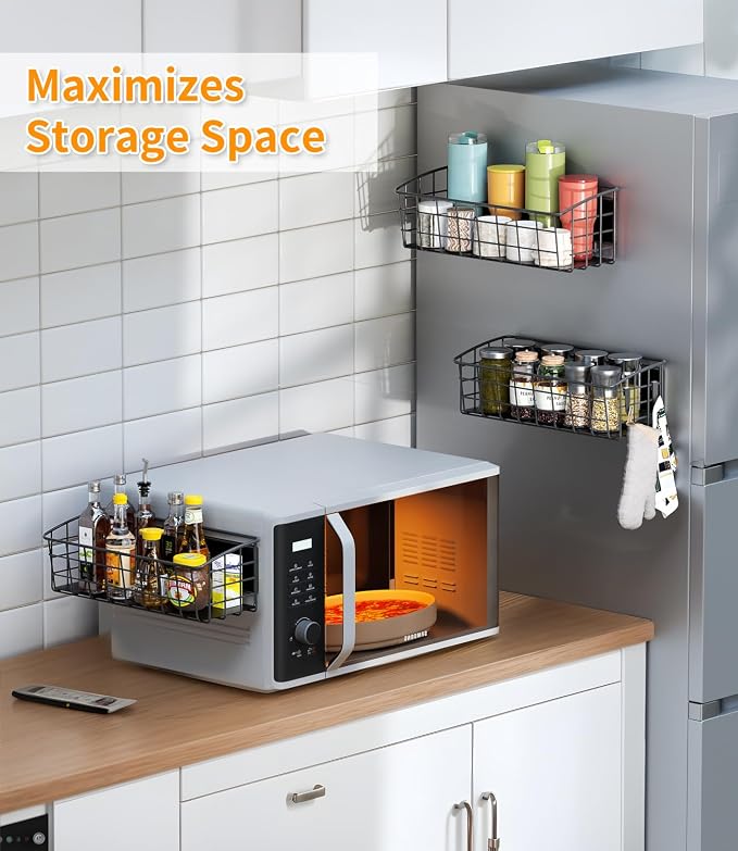 1Pack Magnetic Shelf for Refrigerator with Removable Hooks(Black) | Strong Magnetic Spice Rack for Kitchen Storage, Fruit Potato Onion Storage Shelves, Large Magnetic Basket Organizer - Image 5