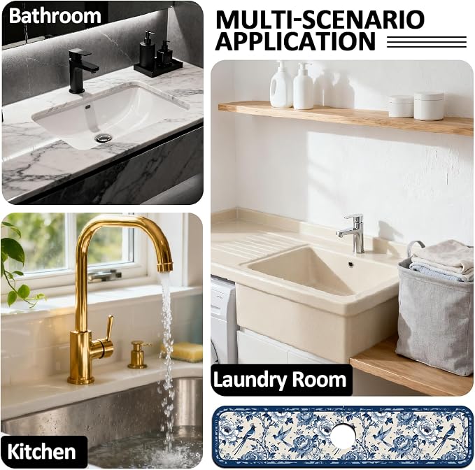 2 Pcs Kitchen Sink Splash Guard Faucet Mat Vintage Porcelain Flowers and Birds Pattern Faucet Mat for Sinks Absorbing Drying Mat for Kitchen Bathroom, 23.6x5.5inch - Image 7