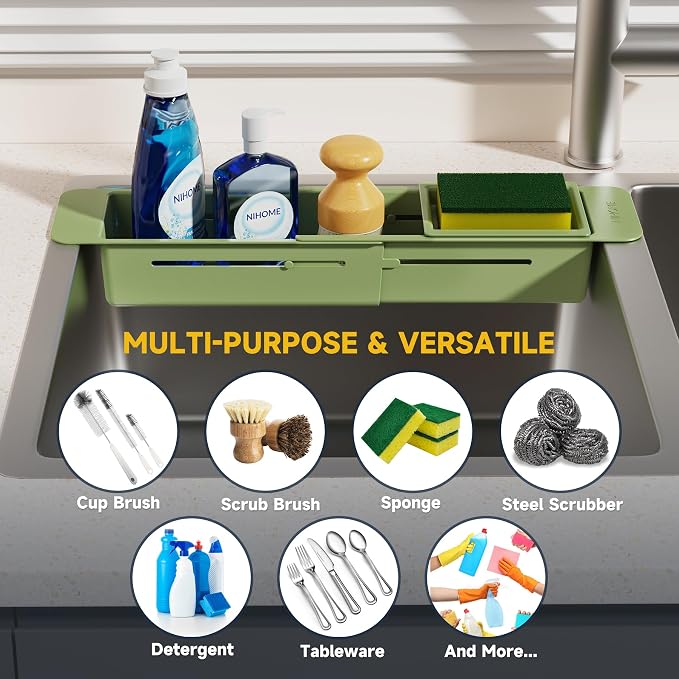 NiHome Extendable Sink Caddy, Small Telescopic Kitchen Brush Holder | Adjustable Sink Organizer for Brush/Sponge with Fast Drainage, Durable ABS, Non-Slip Pads, Expandable Brushes Holder (Green) - Image 8