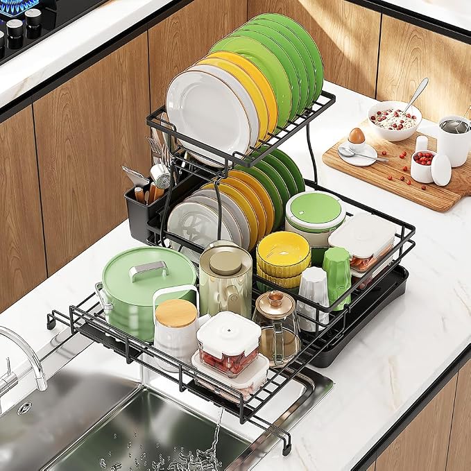 Expandable 2-Tier Dish Drying Rack Over the Sink, Large Capacity | Foldable rustproof coated metal; expands over sink; 2-tier large capacity for plates, bowls, glasses, pan and utensils. by Unknown