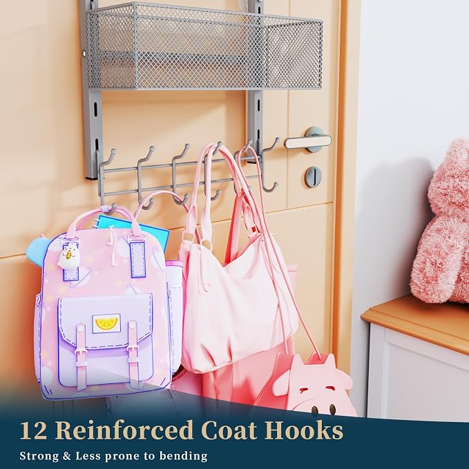 Consumest Over The Door Hooks Organizer - 4 Tier Door Coat Rack with 3 Baskets & 12 Hooks, Stainless Steel Towel Hanger for Bedroom, Bathroom, Living Room, Silver - Image 4