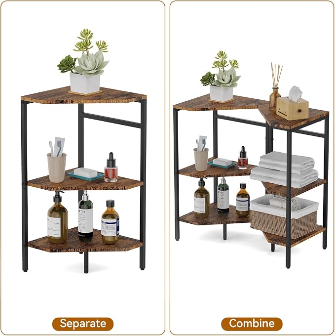 CADUKE Pedestal Sink Storage, 2 Pack Bathroom Under Vanity Storage Shelf | Under Sink Organizer Shelf, Bathroom Organizers Rack Stand, 3 Tier Wooden Corner Shelves, For Small Space, Rustic Brown - Image 5
