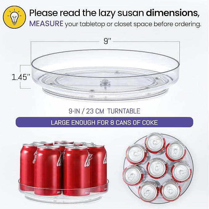 2 Pack 9 Inch Elegant Clear Turntable Acrylic Lazy Susan, Non-Skid Rotating | Smoothly Kitchen Spice Rack, Cabinet Pantry Organization Storage, Refrigerator, Vanity Makeup, Bathroom Countertop Organizer - Image 2