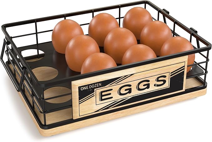 Farmhouse Egg Holder Countertop, Oak Wood & Metal Egg Basket with Handles | Stackable Rustic Egg Tray Organizer for Kitchen Counter, Holds 12 Eggs, Removable Divider for Fresh Egg Storage, Natural by JNFUZ