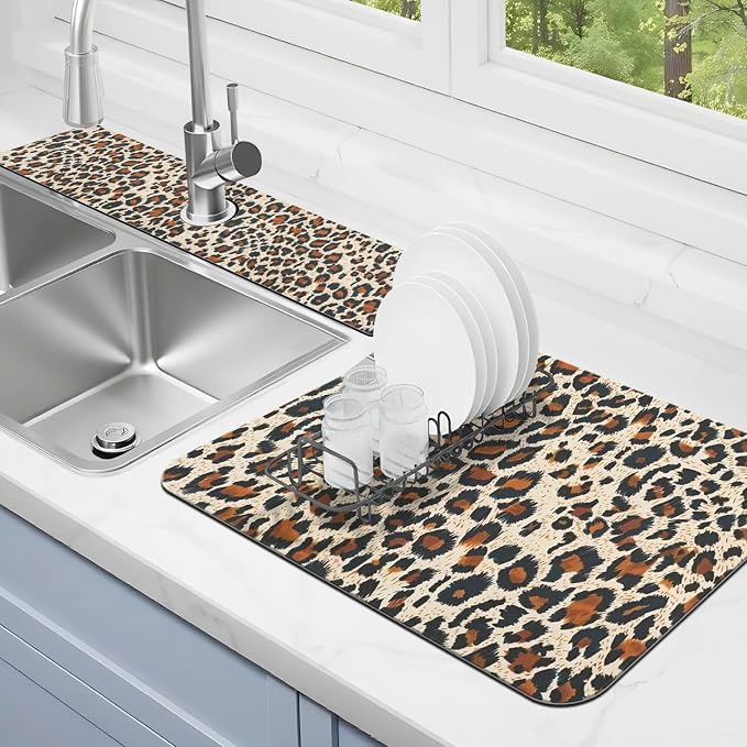 Dish Drying Mat for Kitchen Counter Matt, 2PCS 19"x12" Dish Drainer Mat & 24"x5.5" Sink Splash Guard, Super Absorbent Non-slip Rubber Backed by Kuyig+Home