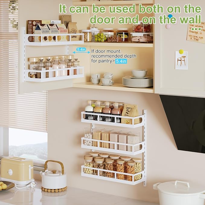X-cosrack Wall Mount Spice Rack Organizer 5 Tier Height-Adjustable Hanging Spice Shelf Storage for Kitchen Pantry Cabinet Door, Dual-Use Seasoning Holder Rack with Hooks, White - Image 4
