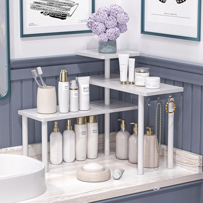 JayRex 3-Tier Bathroom Countertop Corner Shelf Organizer, White | Space-saving corner design organizes spices, skincare and toiletries on kitchen and bathroom counters. - Image 4