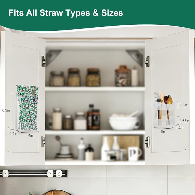 2 PACK Small Acrylic Straw Holder for Cabinet Doors，Straw Organizer Storage with Most Sizes，Multi-Function Kitchen Accessories Container with Adhesive Round Pads(Transparent) - Image 2