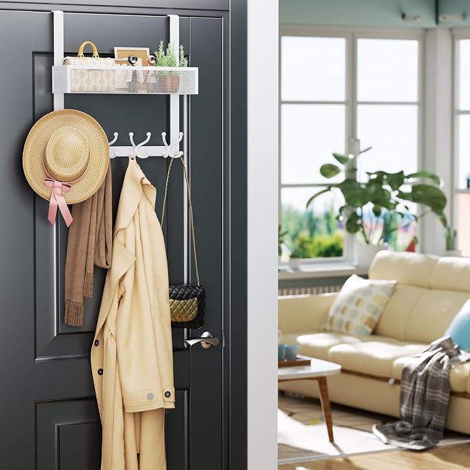 Consumest Over The Door Hooks Organizer - 2 Tier Over Door Hanger with 16 Hooks & 2 Baskets for Hanging Coat, Clothing, Towel, Back Storage for Bathroom, Closet, College Dorm, White - Image 2