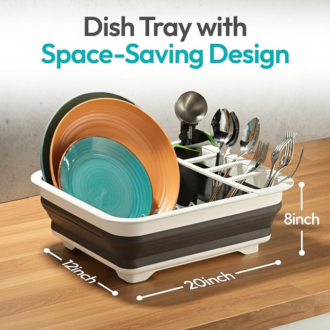 Collapsible Dish Drying Rack, Pop-Up with Drainboard, 8 Plate Capacity | Dish Strainer and Drainer, Over Sink Plate Rack, Utensil Holder, Plastic Rust-Free, Portable for RV Camping Kitchen Counter - Image 5