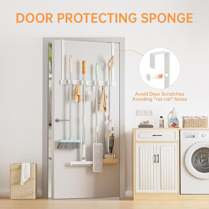 Broom Holder Over The Door with Hooks -304 Stainless Steel (White) | Save Space, Anti-Rust & Sturdy, Mop and Broom Holder Wall Mounted or Hanging Over The Door, for Garage Laundry Kitchen - Image 3