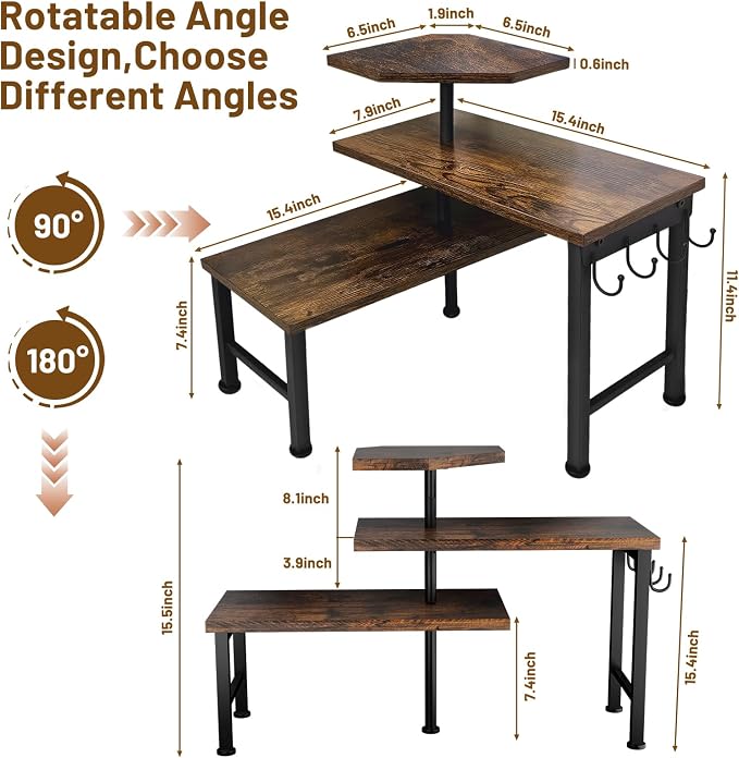 Kitchen Countertop Organizer, 3 Tier Moveable Corner Shelf Kitchen Shelf with Hook, Countertop Organizer for Bathroom, Spice Rack, Bookshelf, Coffee Area, Dresser Table (Brown) - Image 4