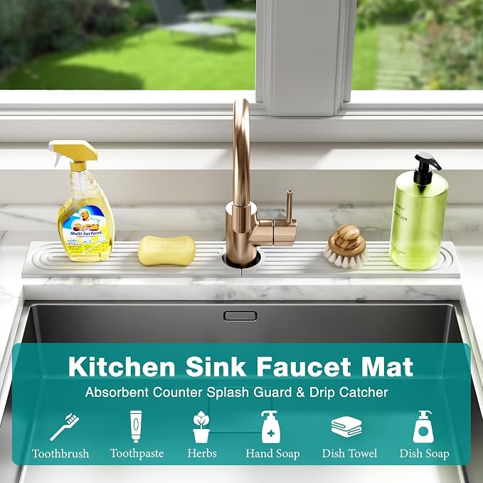 Stone Faucet Mat for Kitchen Sink - Quick Dry Diatomite Sink Splash Guard, Prevents Moisture Buildup & Water Stains, Water Absorbing Stone Tray for Bathroom Countertop (White, 20" x 4") - Image 6