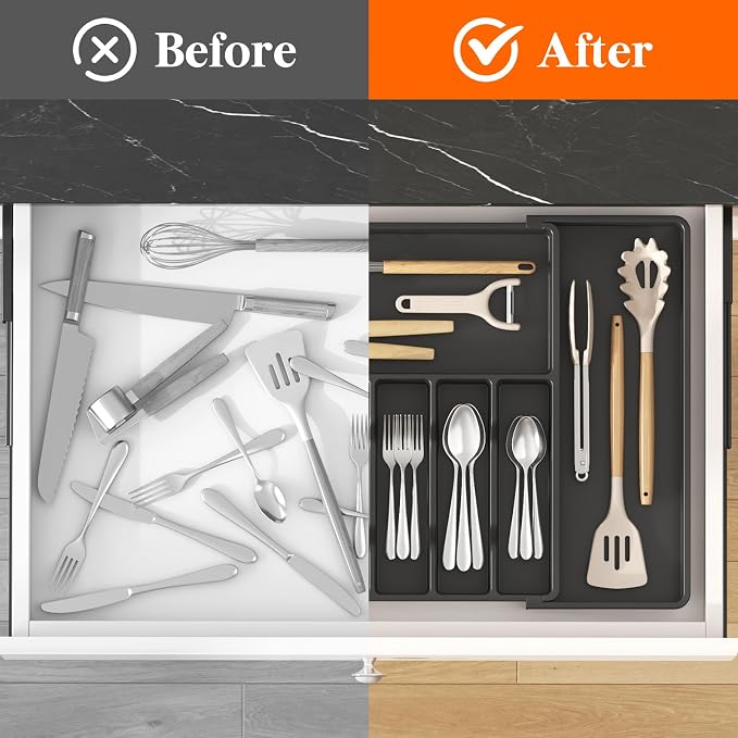 Lifewit Extra Large Silverware Drawer Organizer, Expandable Utensil Tray | BPA Free Flatware Cutlery Holder for Kitchen, Adjustable Plastic Storage for Spoons Forks Knives, 15- 27 x 18.5", Black - Image 6