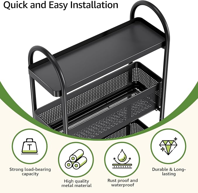KINGRACK 5 Tier Slim Rolling Cart with Drawer, Metal Utility Storage Cart | 4 Pull-out Baskets, Lockable Wheels, Narrow Space Trolley Organizer for Bathroom, Kitchen, Office, Dorm, Laundry Room, Black - Image 3