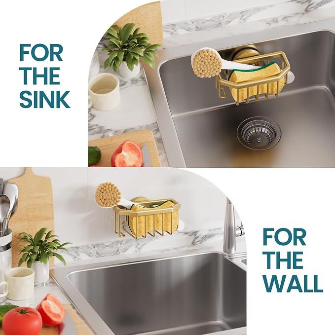 TAILI Sponge Holder for Kitchen Sink with Suction Cup-Gold, Aluminum | Rustproof Aluminum Sink Caddy for Sponges,Brushes,Stoppers & Scrapers,Removable Ventilated Quick-dry Design, holds Up 11lbs - Image 5