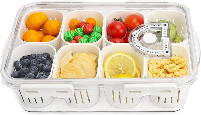 Veggie Tray Divided Serving Tray with Lid, Salad Bar Container for Fridge | Portable Snack Box Container,Food Storage Organizer with 8 Strainers for Fruit,Vegetable, Berry Saver for Refrigerator Picnic by Shopwithgreen