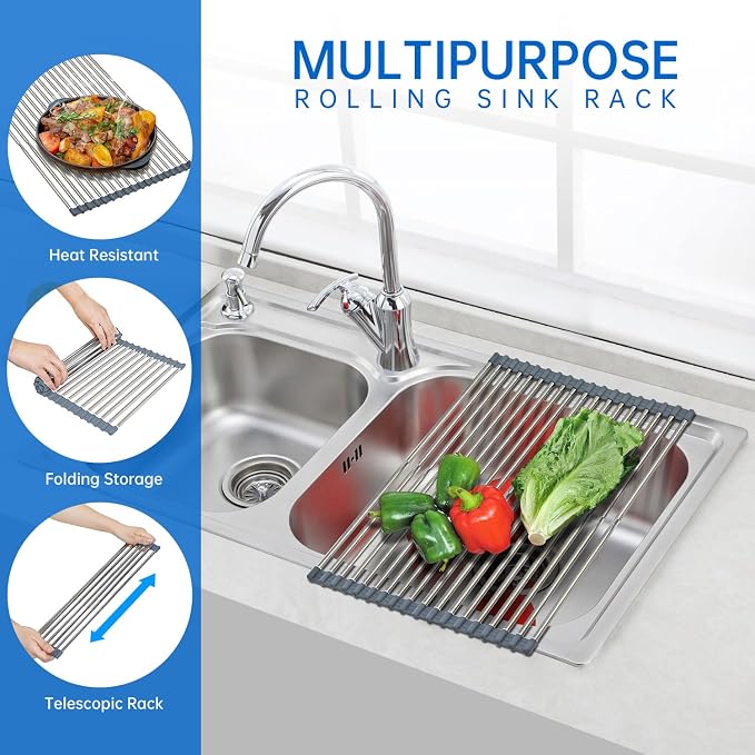 CHIRISEN Expandable Large Roll Up Dish Drying Rack, Foldable Over The Sink Dish Drying Rack, Rolling Dish Drainer Stainless Steel Roll Rack for Kitchen Sink Counter (Gray, 21.25x12.79in) - Image 3
