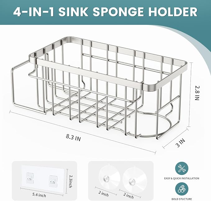 4-in-1 Sponge Holder for Kitchen Sink, Sink Caddy Organizers, Silver | Rustproof, Adhesive hook, Suction cups, Kithen Countertop Organizers and Storage - Image 2