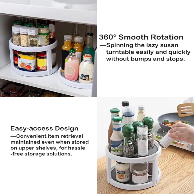 2 Tier Non Skid Spice Rack Turntable, 10 Inch Spinning Organizer, Non Skid Lazy Susan Turntable, 360° Rotating Seasoning Organizer for Kitchen, Pantry Cabinet, Refrigerator, Bathroom, Gray & White - Image 5