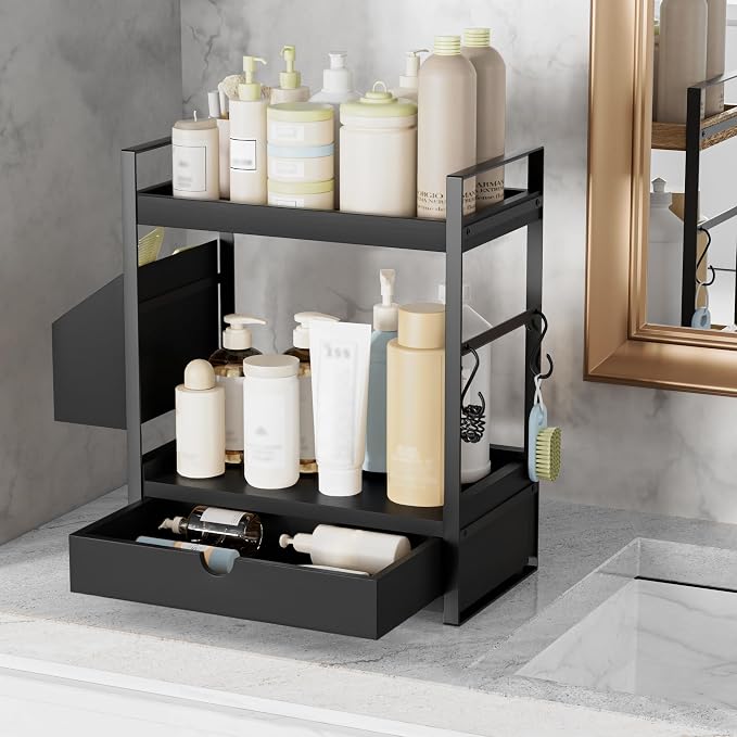 2-Tier Bathroom Counter Organizer, Wooden Vanity Shelf with Drawer & Basket | Pre-Drilled Holes, Skincare & Makeup Countertop Organizer and storage, Black - Image 5