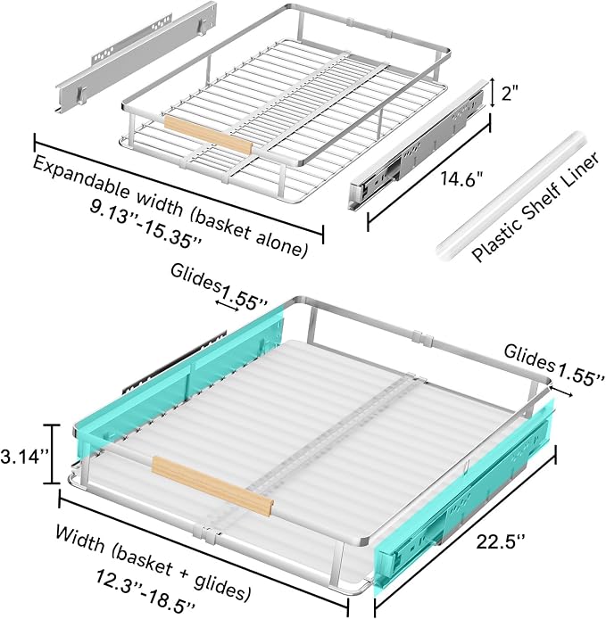 Expandable Pull Out Cabinet Organizer, 12.3"-18.5" W x 22.5''D | 1Pack, Stainless Steel Slide Out Drawers, Heavy Duty Drawer Slides, For Kitchen Pantry Cupboard Pots Pans, Adjustable Width - Image 2