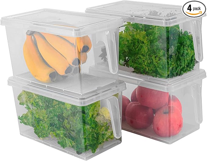 Sooyee Produce Saver Containers for Refrigerator with Drain Tray, 5L x 4 Stackable Fruit Storage Containers for Fridge,Vegetable Storage Keep Fresh for Lettuce,Salad,Berry, Salad,Meat and Fish by Sooyee