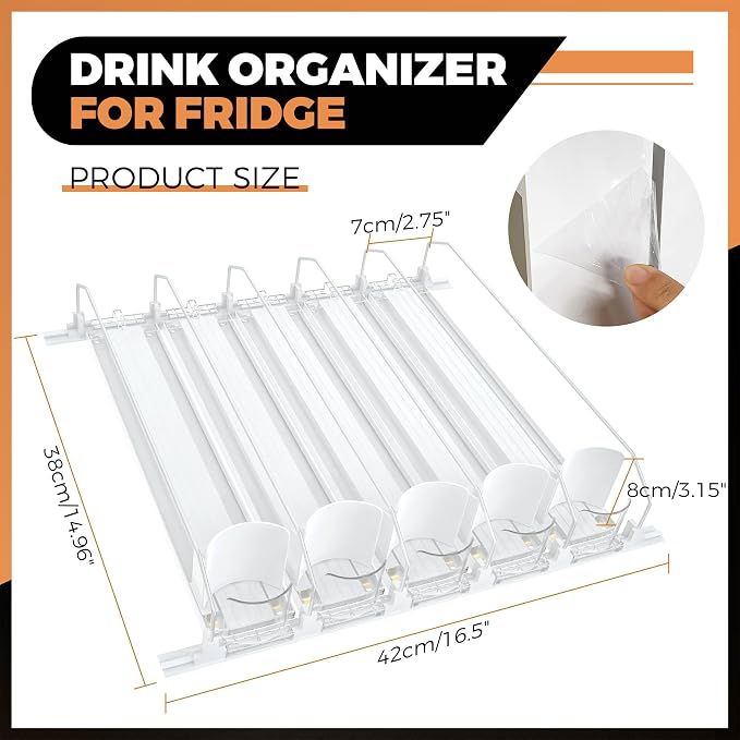 5 Rows Drink Organizer for Fridge, 15'' Soda Can Dispenser for Fridge with Pusher Glide, Width Adjustable Fridge Can Organization Hold Up to 25 Cans (White) - Image 3