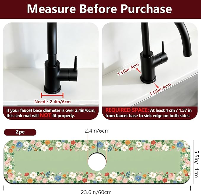 2 Pcs Kitchen Sink Splash Guard Faucet Mat Green Wreath Faucet Mat for Sinks Wreath Border Absorbing Drying Mats for Kitchen Bathroom, 23.6x5.5inch - Image 2