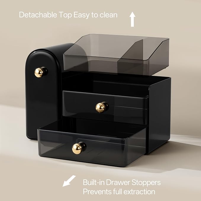 HBlife Makeup Organizer Countertop with Drawers, Cologne Organizer for Men, Vanity Organizers with Brush Holder, Bathroom Countertop Organizer Skin Care Storage, Gift for Dad Husband, Black and Gold - Image 5