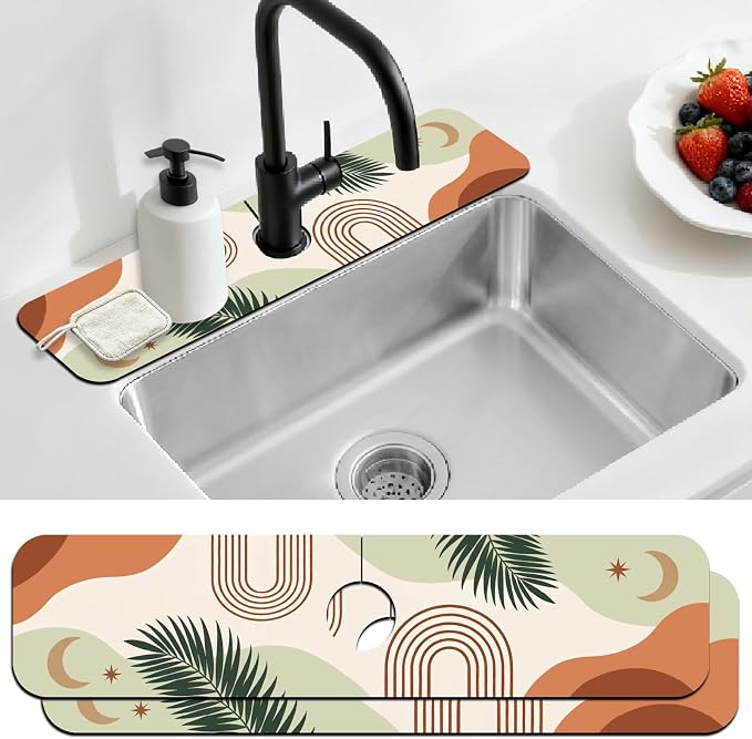 2 Pcs Plant Kitchen Sink Splash Guard Faucet Mat Bohemian Tropical Leaves Faucet Mat for Sinks Absorbing Drying Mats for Kitchen Bathroom, 23.6x5.5inch by CONCHLERY%E6%97%97%E8%88%B0%E5%BA%97