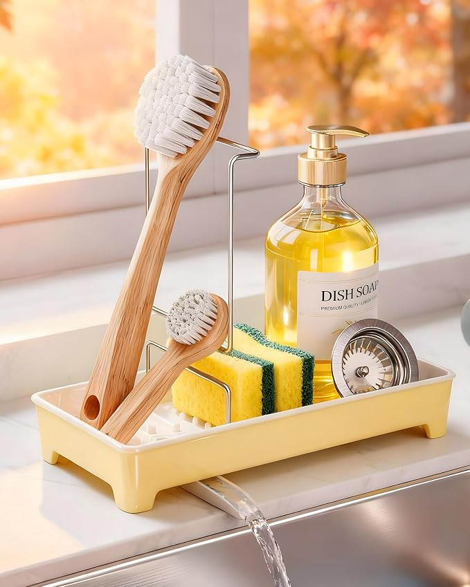 Minimalist Sink Caddy, Rustproof Sponge Holder for Kitchen Sink Yellow | Large Rustproof countertop organizer with 304 stainless steel brush holder, raised ridges and silicone drain tube by Unknown