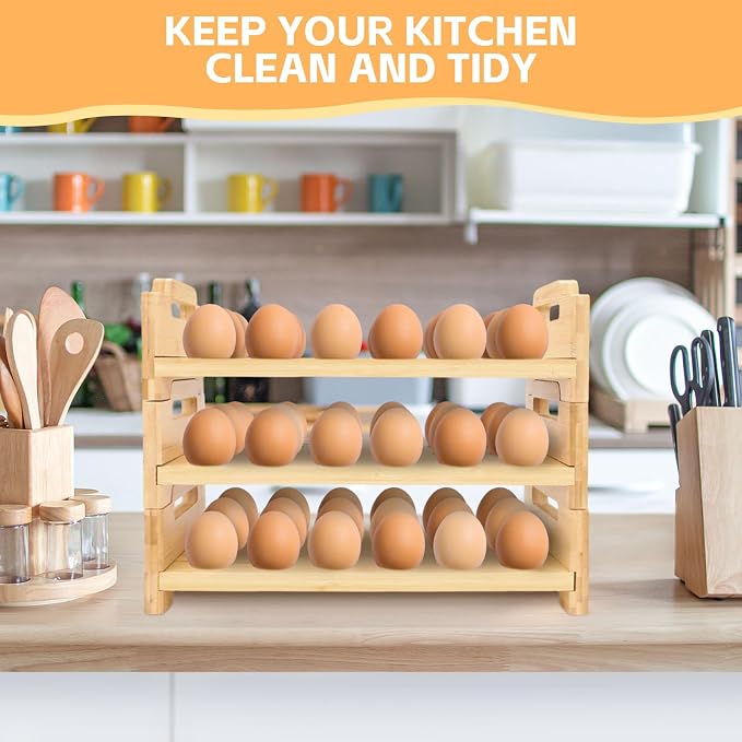 3-Tier Wooden Egg Holder Countertop, Farmhouse Stackable Wood Egg Organizer Stand, Divided Wood Counter Storage Rack for Duck Turkey Produce (Total 54 Slot) - Image 6