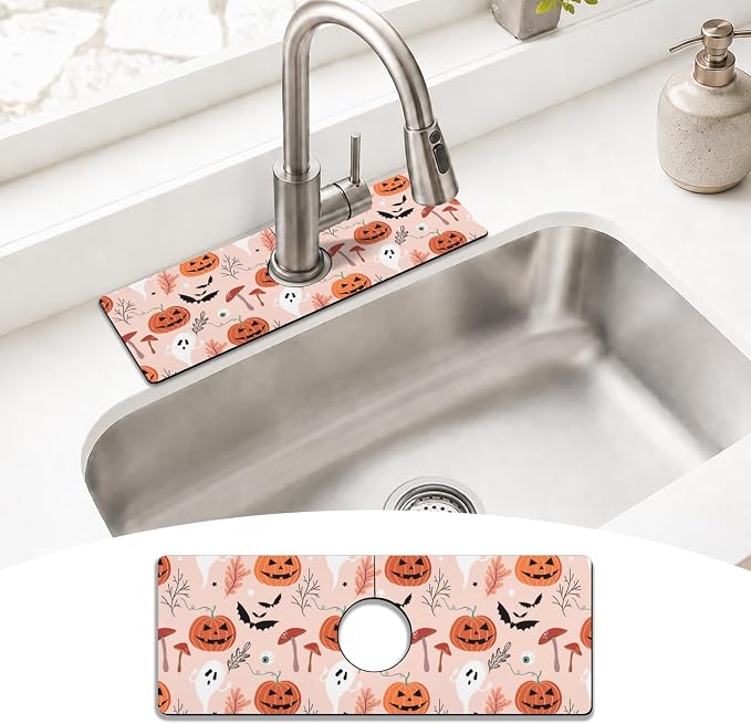 Halloween Kitchen Sink Splash Guard Faucet Mat,Pumpkin Plants Ghost Bat Halloween Faucet Non-Slip Absorbent Mat,Farmhouse Sink Splash Guard Behind Faucet for Kitchen Bathroom,15"x5.5" by puwbnhj