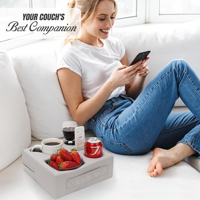 Couch Cup Holder Pillow - Sofa Drink Cup Holder Cozy Buddy | Bed Caddy Organizer Holds Remote, Snacks, Phones | Waterproof Anti-Spill Sofa Beverage Tray for Car, Pack, Beach, RV, Boat (PUGrey) - Image 7